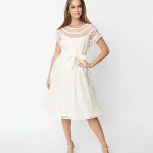 NWOT Unique Vintage White Burnout Rose Flare Dress